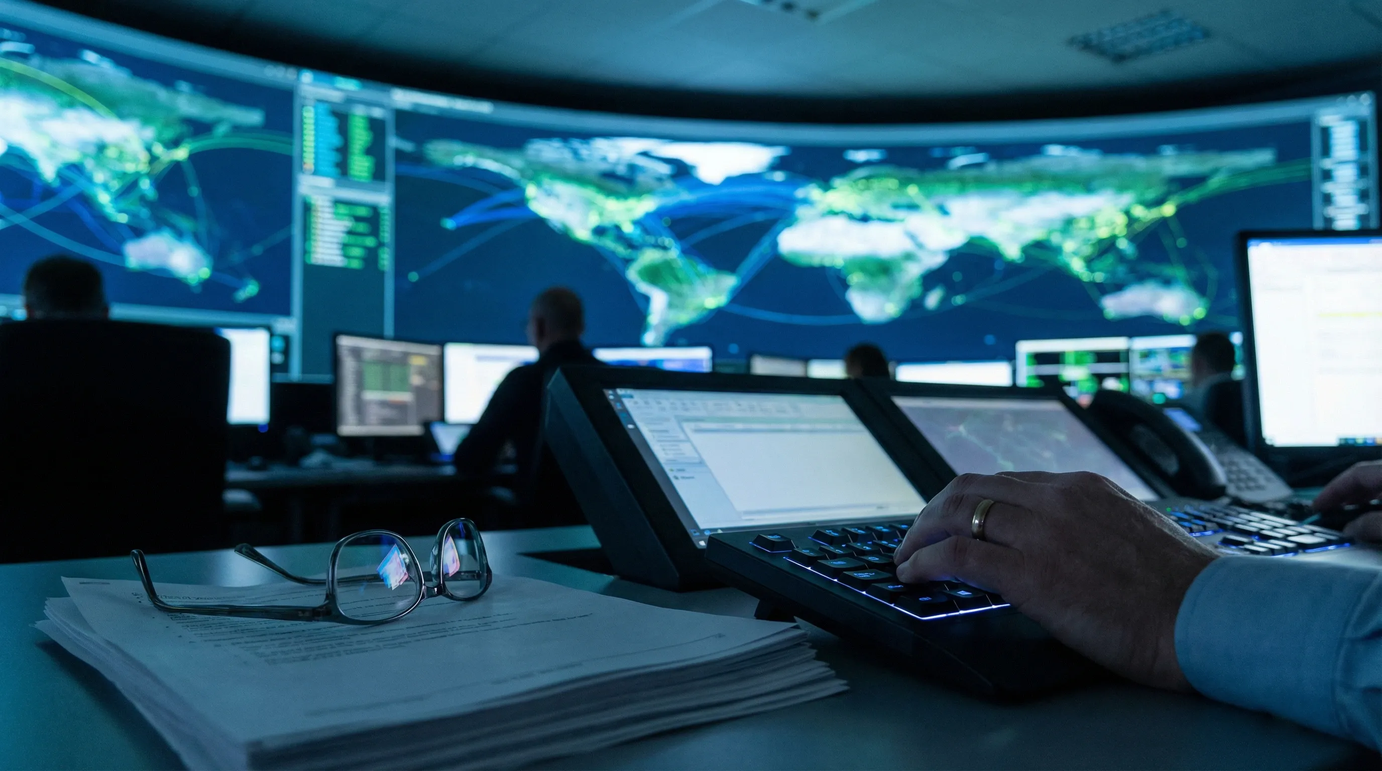 Intelligence analysts working in a surveillance operations center with large world maps and data flows on wall-sized screens, representing global intelligence-sharing alliances monitoring and exchanging digital information across countries.
